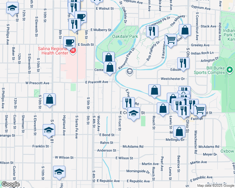 map of restaurants, bars, coffee shops, grocery stores, and more near 634 South Front Street in Salina