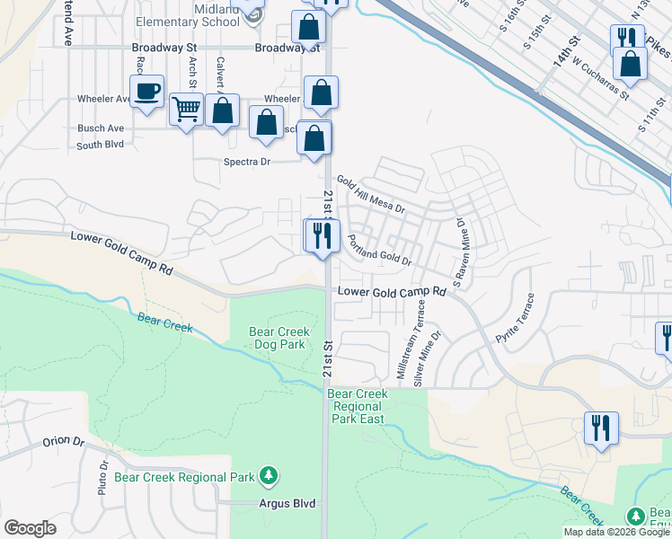 map of restaurants, bars, coffee shops, grocery stores, and more near 406 Gray Horse Alley in Colorado Springs