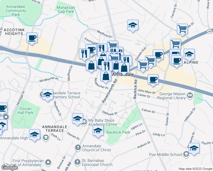 map of restaurants, bars, coffee shops, grocery stores, and more near 7310 McWhorter Place in Annandale