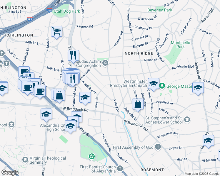 map of restaurants, bars, coffee shops, grocery stores, and more near 2710 Valley Drive in Alexandria