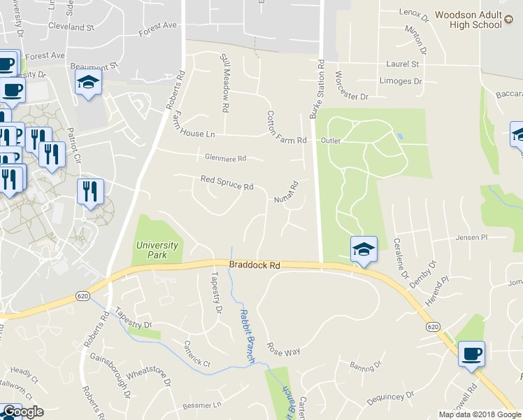 map of restaurants, bars, coffee shops, grocery stores, and more near 10150 Red Spruce Road in Fairfax