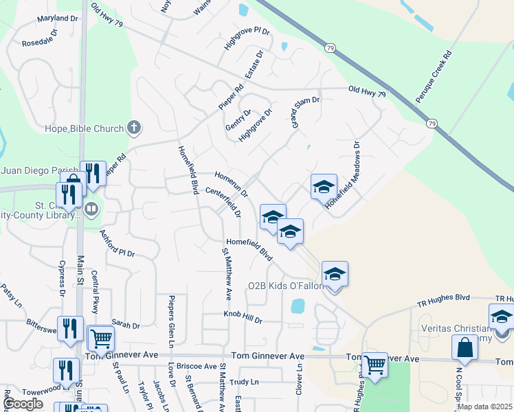 map of restaurants, bars, coffee shops, grocery stores, and more near 656 Homerun Drive in O'Fallon