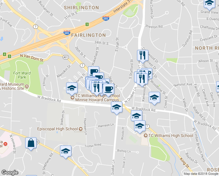 map of restaurants, bars, coffee shops, grocery stores, and more near 3615 South Taylor Street in Arlington
