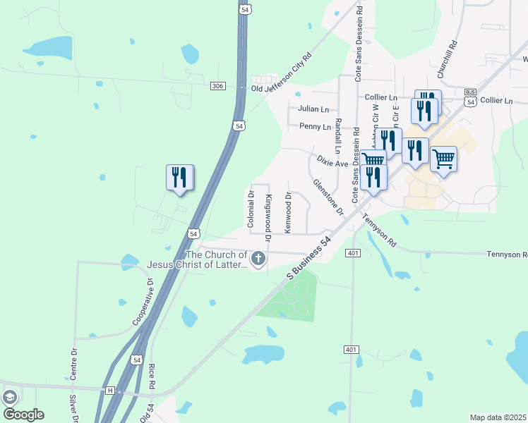 map of restaurants, bars, coffee shops, grocery stores, and more near 1411 Kingswood Drive in Fulton