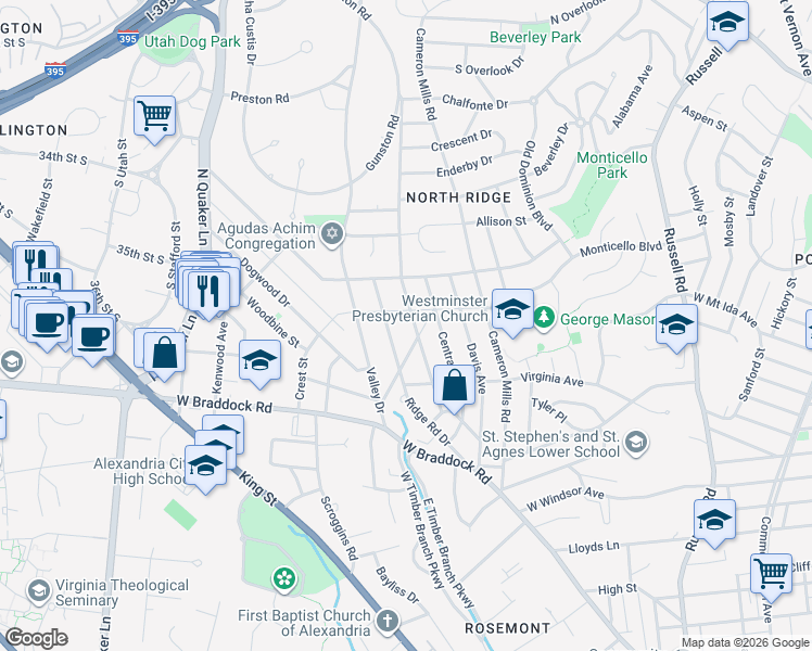 map of restaurants, bars, coffee shops, grocery stores, and more near 2706 Farm Road in Alexandria
