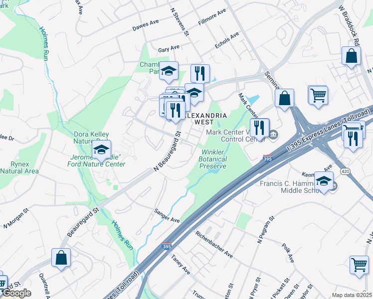 map of restaurants, bars, coffee shops, grocery stores, and more near 1460 North Greenmount Drive in Alexandria