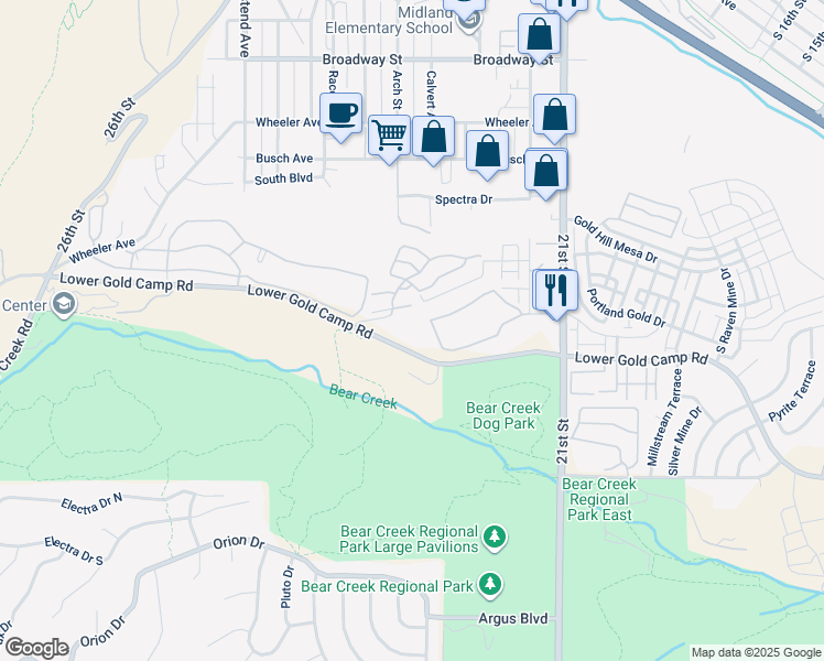 map of restaurants, bars, coffee shops, grocery stores, and more near 2450 Lower Gold Camp Road in Colorado Springs