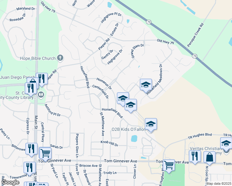 map of restaurants, bars, coffee shops, grocery stores, and more near 656 Homerun Drive in O'Fallon