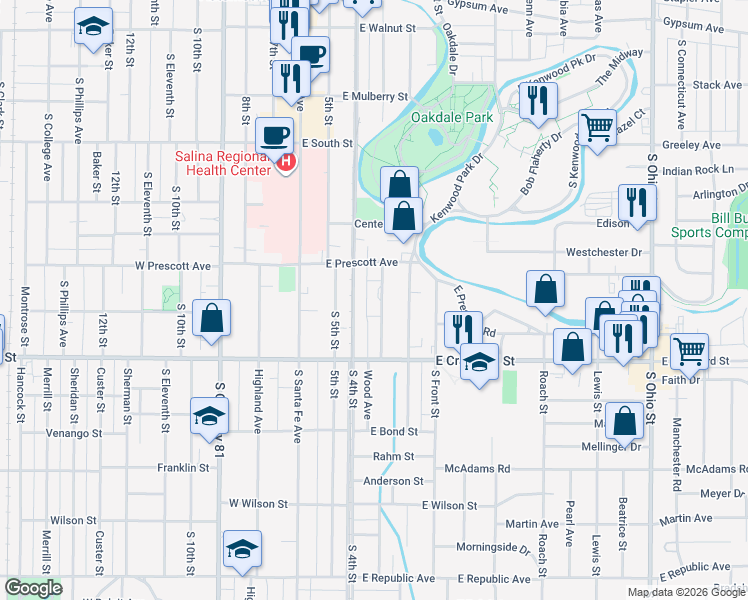 map of restaurants, bars, coffee shops, grocery stores, and more near 633 South 4th Street in Salina