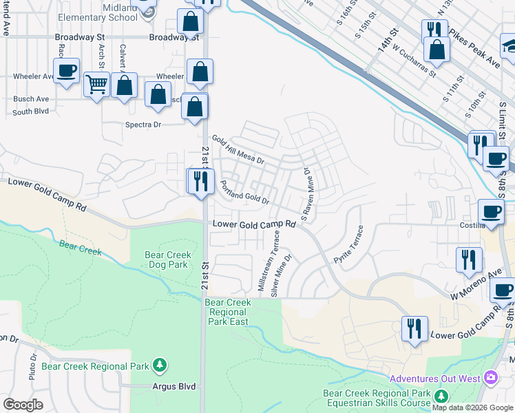 map of restaurants, bars, coffee shops, grocery stores, and more near 304 Eclipse Drive in Colorado Springs