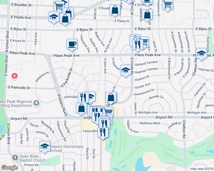 map of restaurants, bars, coffee shops, grocery stores, and more near 211 South Garo Avenue in Colorado Springs