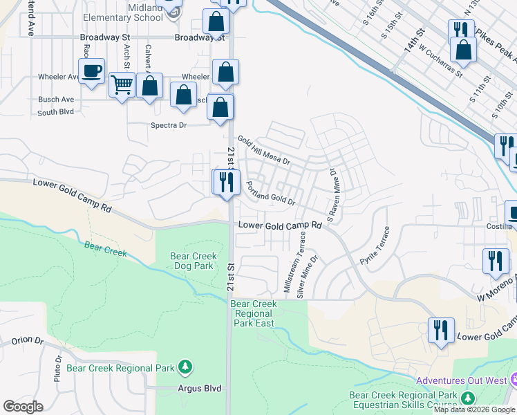 map of restaurants, bars, coffee shops, grocery stores, and more near 414 Eclipse Drive in Colorado Springs