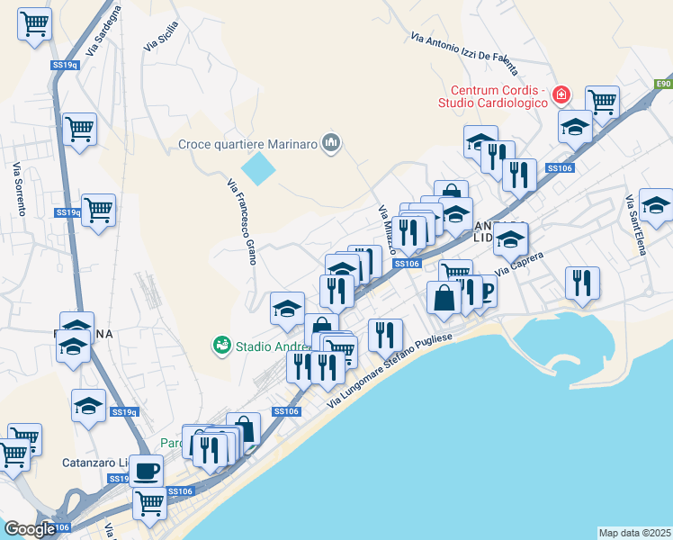 map of restaurants, bars, coffee shops, grocery stores, and more near 39 Via Taranto in Catanzaro