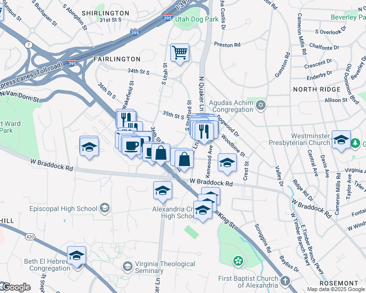 map of restaurants, bars, coffee shops, grocery stores, and more near 3581 South Stafford Street in Arlington