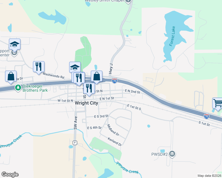 map of restaurants, bars, coffee shops, grocery stores, and more near 311 East Veterans Memorial Parkway in Wright City