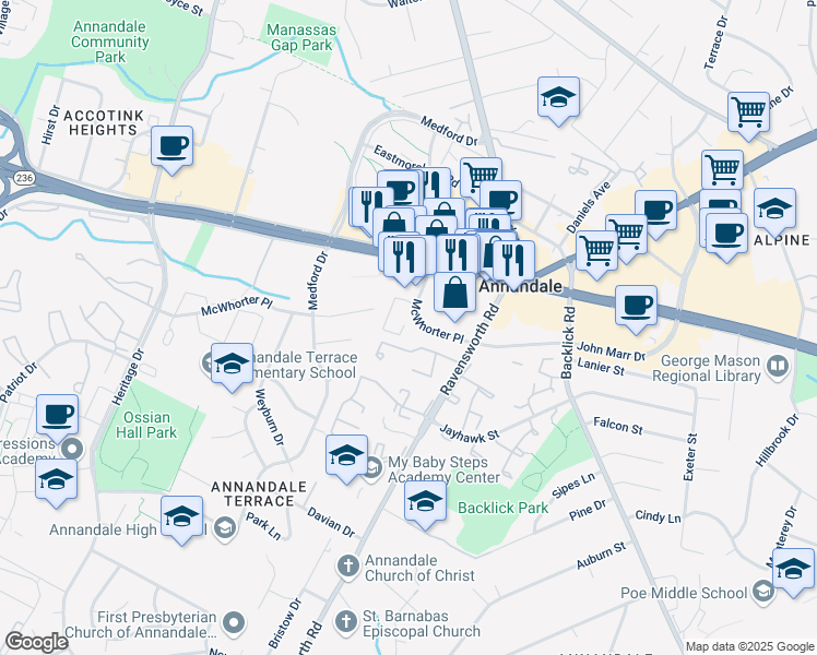 map of restaurants, bars, coffee shops, grocery stores, and more near 7443 Rocky Creek Terrace in Annandale