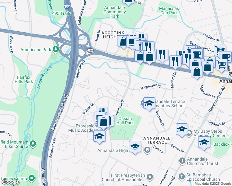map of restaurants, bars, coffee shops, grocery stores, and more near 7707 Lafayette Forest Drive in Annandale