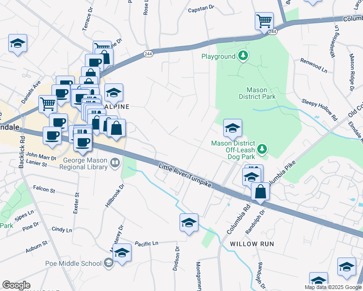 map of restaurants, bars, coffee shops, grocery stores, and more near 6811 Alpine Drive in Annandale