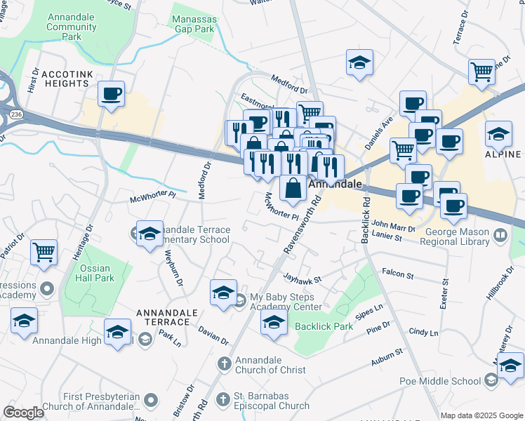 map of restaurants, bars, coffee shops, grocery stores, and more near 7443 Rocky Creek Terrace in Annandale