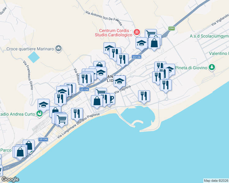 map of restaurants, bars, coffee shops, grocery stores, and more near 13a Via Caprera in Catanzaro