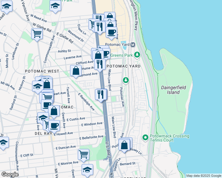 map of restaurants, bars, coffee shops, grocery stores, and more near 701 Swann Avenue in Alexandria