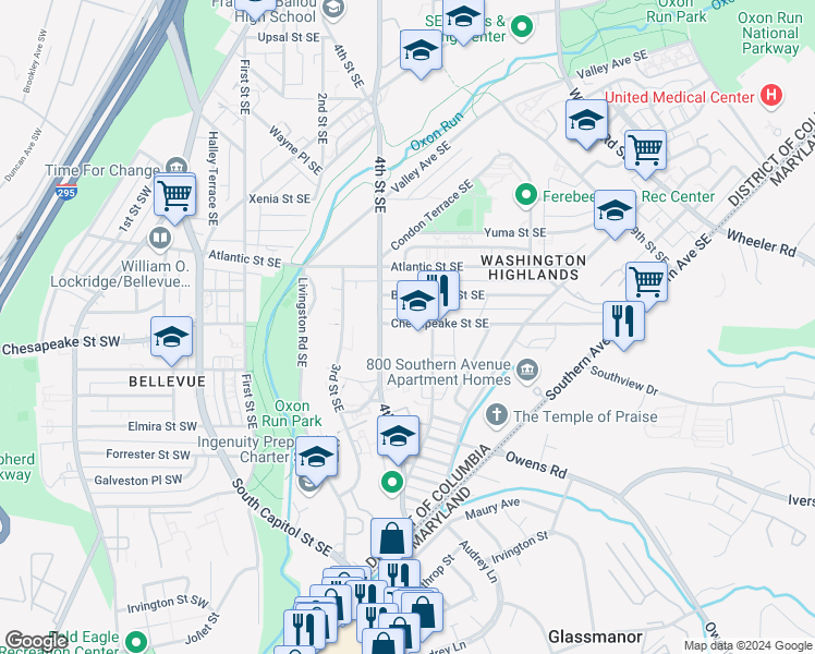 map of restaurants, bars, coffee shops, grocery stores, and more near 425 Chesapeake Street Southeast in Washington