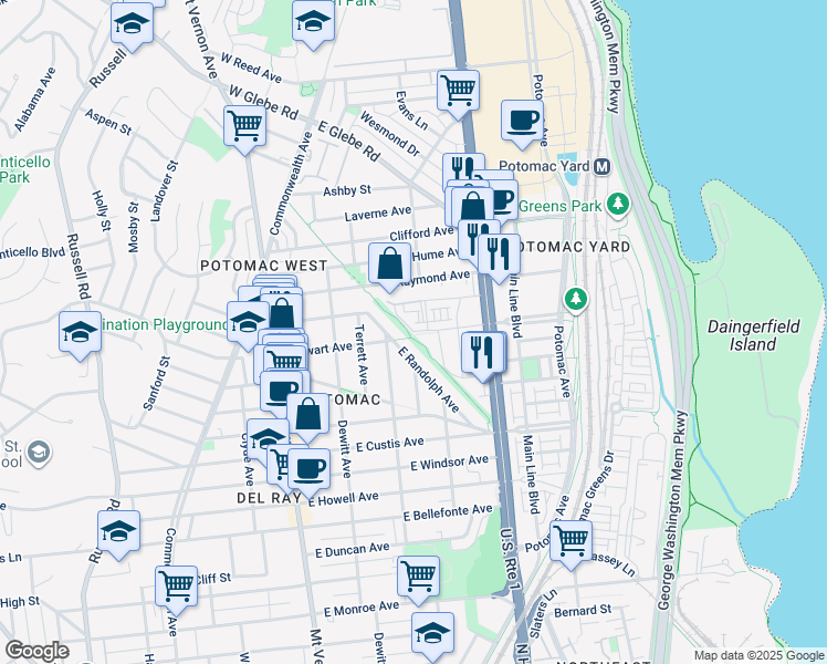 map of restaurants, bars, coffee shops, grocery stores, and more near 201 Swann Avenue in Alexandria