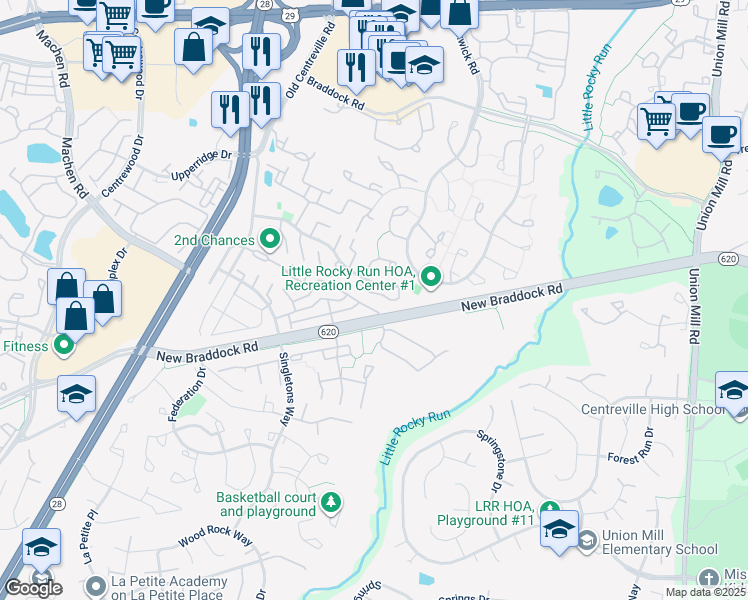 map of restaurants, bars, coffee shops, grocery stores, and more near 13937 Water Pond Court in Centreville