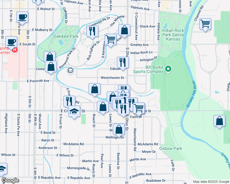 map of restaurants, bars, coffee shops, grocery stores, and more near 950 Elmhurst Boulevard in Salina
