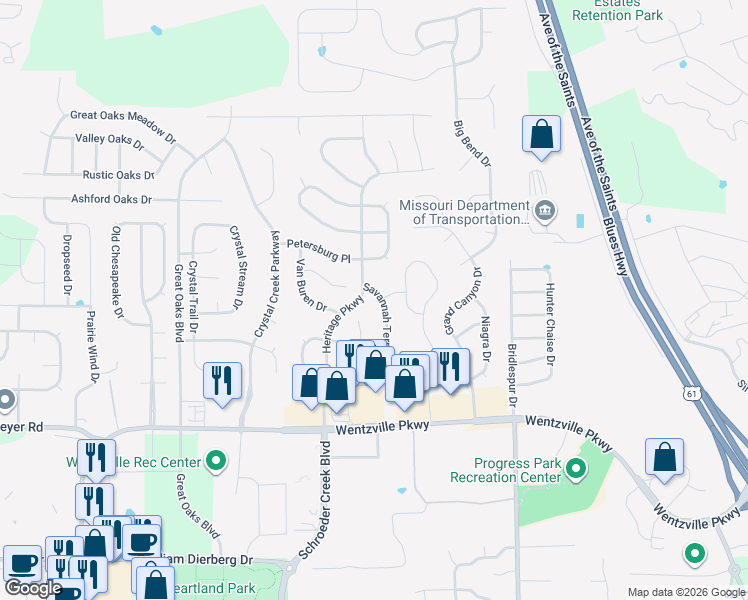 map of restaurants, bars, coffee shops, grocery stores, and more near 267 Savannah Terrace in Wentzville