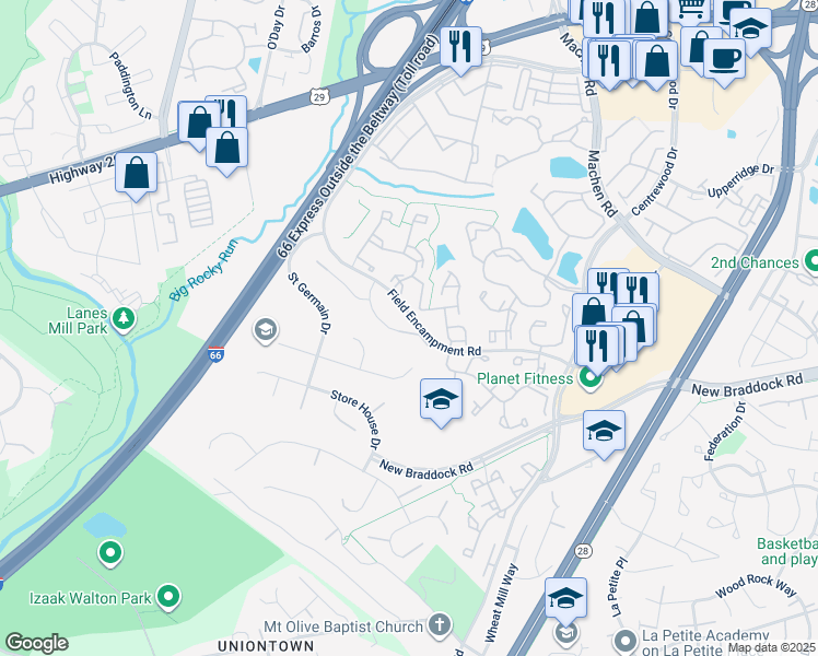 map of restaurants, bars, coffee shops, grocery stores, and more near 6317 Drill Field Court in Centreville