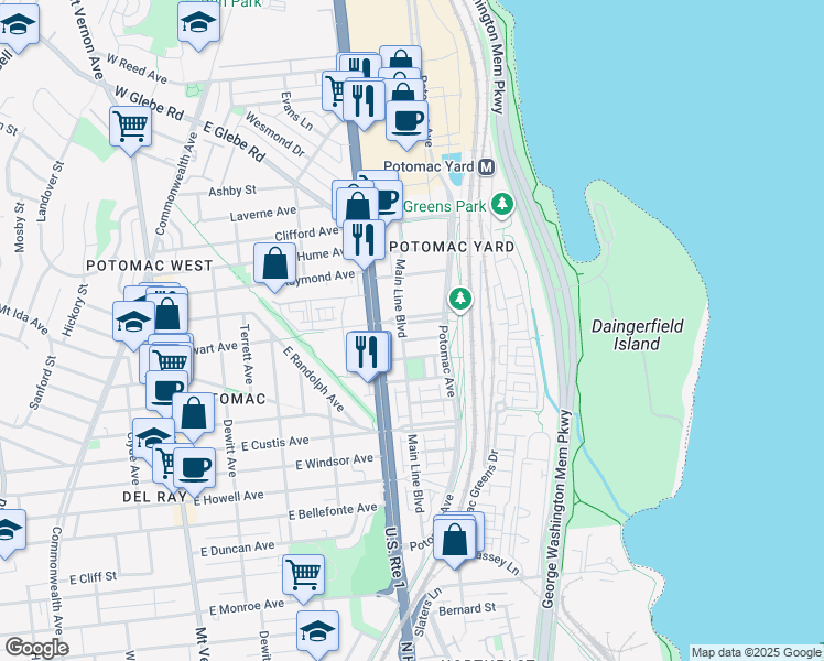 map of restaurants, bars, coffee shops, grocery stores, and more near 701 Swann Avenue in Alexandria