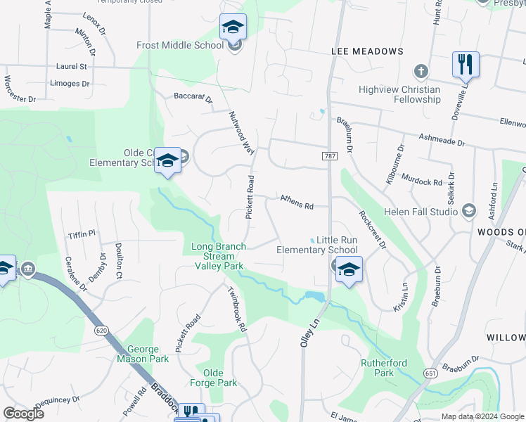 map of restaurants, bars, coffee shops, grocery stores, and more near 4404 Glenn Rose Street in Fairfax