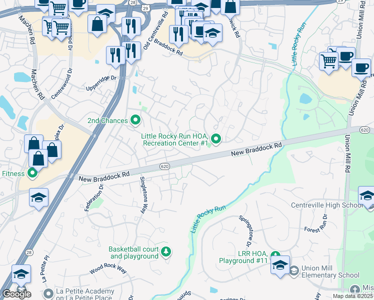 map of restaurants, bars, coffee shops, grocery stores, and more near 13937 Water Pond Court in Centreville