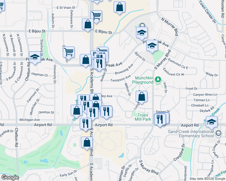 map of restaurants, bars, coffee shops, grocery stores, and more near 3935 Whittier Drive in Colorado Springs