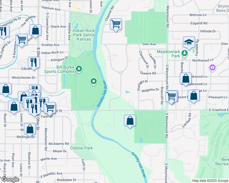 map of restaurants, bars, coffee shops, grocery stores, and more near 1728 Upper Mill Heights Drive in Salina