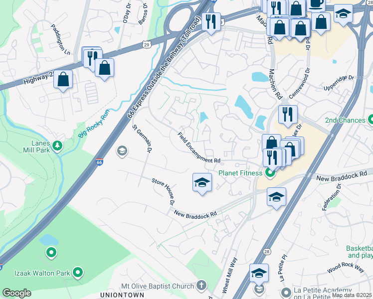 map of restaurants, bars, coffee shops, grocery stores, and more near 6317 Drill Field Court in Centreville