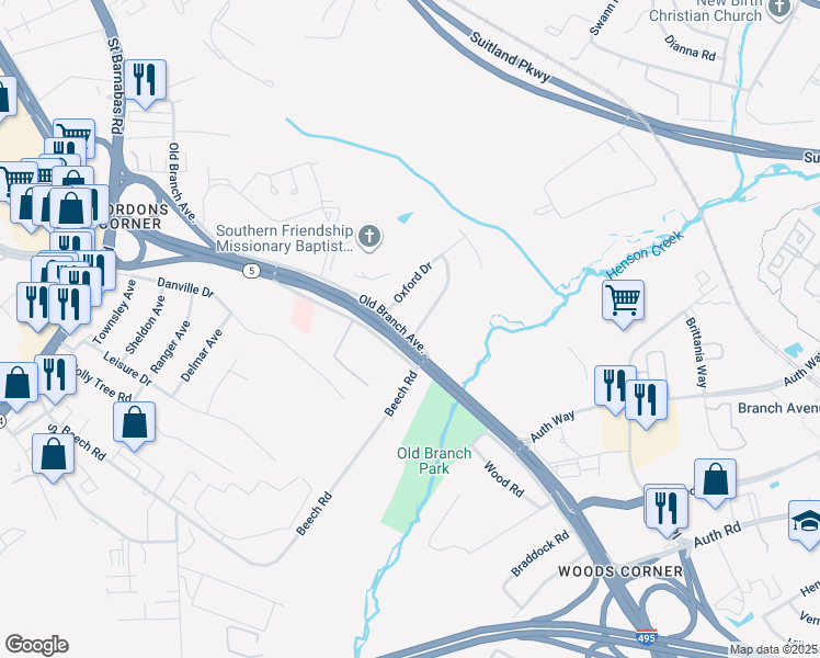 map of restaurants, bars, coffee shops, grocery stores, and more near 4329 Hartford Hills Drive in Suitland-Silver Hill