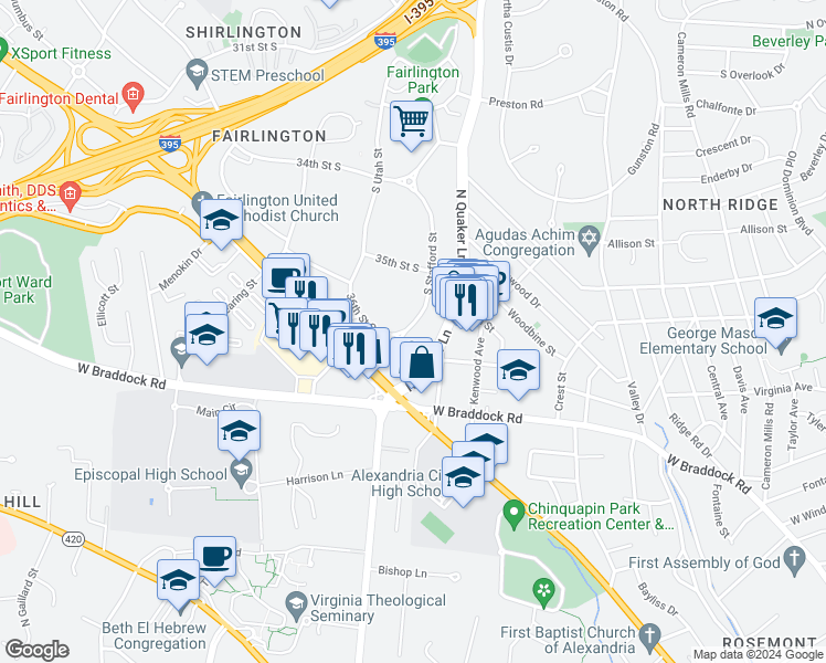 map of restaurants, bars, coffee shops, grocery stores, and more near 3581 South Stafford Street in Arlington