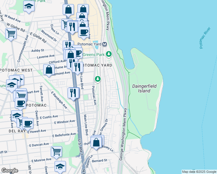map of restaurants, bars, coffee shops, grocery stores, and more near 1804 Potomac Greens Drive in Alexandria