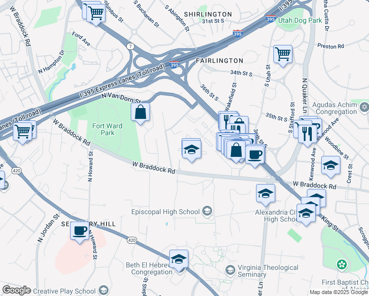 map of restaurants, bars, coffee shops, grocery stores, and more near 3823 Keller Avenue in Alexandria