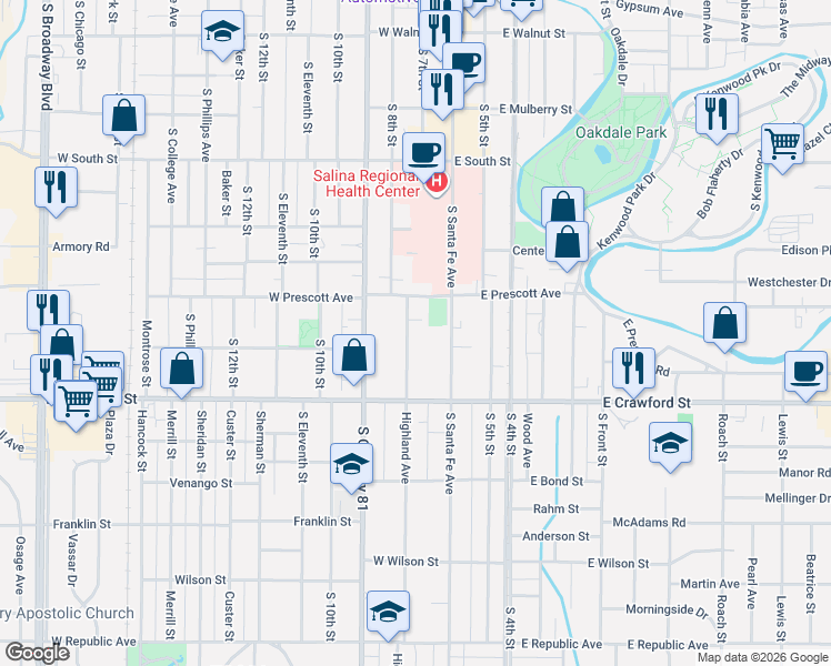 map of restaurants, bars, coffee shops, grocery stores, and more near 636 Highland Avenue in Salina