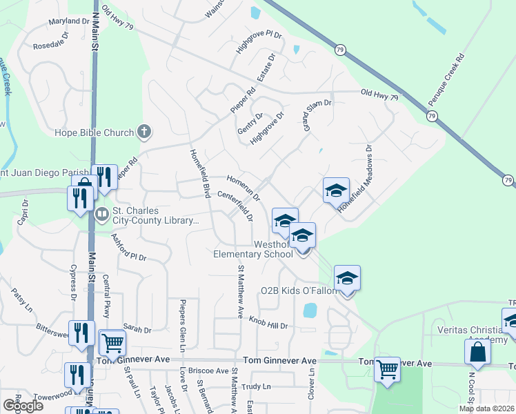 map of restaurants, bars, coffee shops, grocery stores, and more near 656 Homerun Drive in O'Fallon
