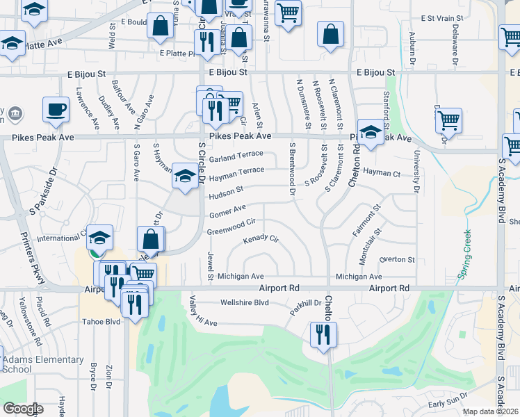 map of restaurants, bars, coffee shops, grocery stores, and more near 3102 Greenwood Circle in Colorado Springs