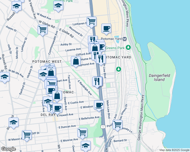 map of restaurants, bars, coffee shops, grocery stores, and more near 101 Independence Avenue Southeast in Washington