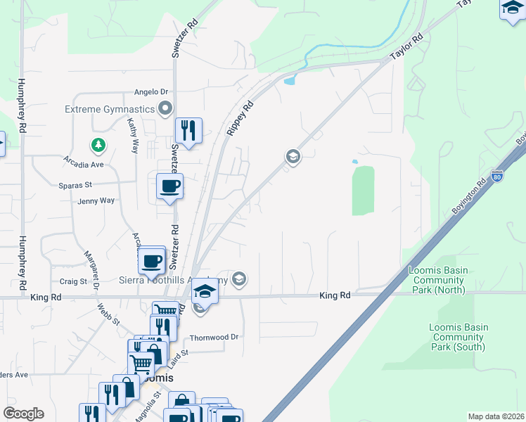 map of restaurants, bars, coffee shops, grocery stores, and more near 3319 Taylor Road in Loomis