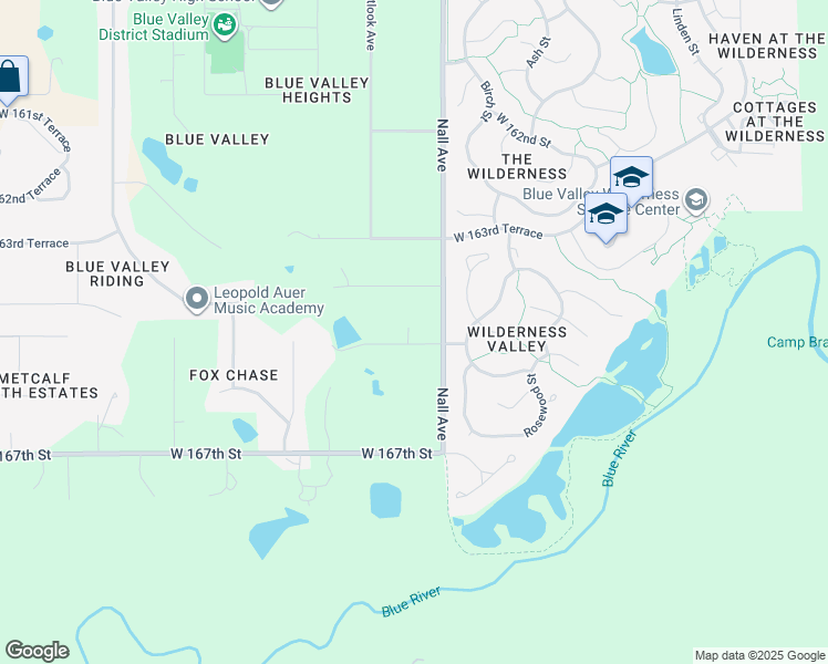 map of restaurants, bars, coffee shops, grocery stores, and more near 5602 West 165th Street in Stilwell