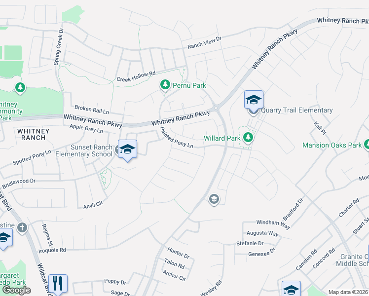 map of restaurants, bars, coffee shops, grocery stores, and more near 2717 Chuckwagon Ln in Rocklin