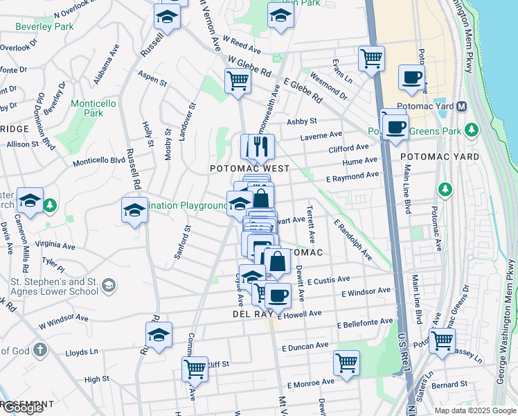 map of restaurants, bars, coffee shops, grocery stores, and more near 113 East Randolph Avenue in Alexandria