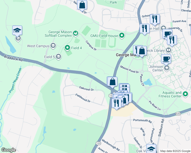 map of restaurants, bars, coffee shops, grocery stores, and more near 10812 Braddock Road in Fairfax